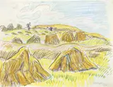 Max Pechstein, Auf dem Feld, 1949, Farbstifte und Bleistift auf Papier (Rückseite der Reproduktion eines Gemäldes von Jan Steen)