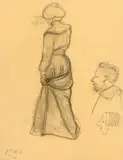 Paula Modersohn-Becker, Schreitende Frau in Rückenansicht (Studienblatt), Um 1900, Kohle auf braunem Papier