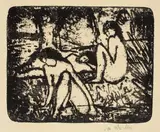 Otto Mueller, Zwei sitzende Mädchen vor liegender Figur, 1912, Lithographie auf bräunlichem Bütten (Wasserzeichen: Signet mit Turm, Zinnen, Stern)