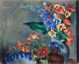 Heinrich Nauen, Sommerblumen in zwei Vasen mit Westerwälder Schale