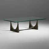 Sculpted Bronze coffee table by Paul Evans, 1969, bronzed resin over steel, glass, sold Sep 2022