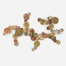 Sunspots wall sculpture by Silas Seandel, 1973, torch-cut, welded, polychromed and patinated mixed metals, sold Sep 2022