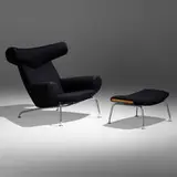 Ox chair, model AP 46 and ottoman, model AP 49 by Hans J. Wegner, 1960, upholstery, chrome-plated steel, oak, sold Sep 2022