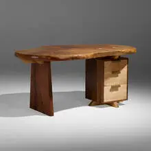 Michael Oates, Animus desk, 2021, London plane, American black walnut, curly maple, cherry, ipe, purple heart, osage orange, padouk, wenge, brass
