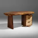 Michael Oates, Animus desk, 2021, London plane, American black walnut, curly maple, cherry, ipe, purple heart, osage orange, padouk, wenge, brass