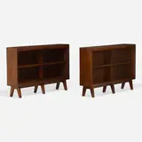 Bookcases from the College of Fine Art, Chandigarh, pair by Pierre Jeanneret, c. 1960, teak, glass, sold Sep 2022