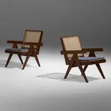Easy armchairs from Punjab University, Chandigarh, pair by Pierre Jeanneret, c. 1955, teak, cane, upholstery, sold Sep 2022