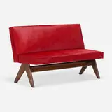 Sofa from High Court, Chandigarh by Pierre Jeanneret, c. 1959, teak, hide upholstery, sold Sep 2022