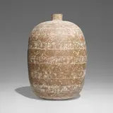 Okot vessel by Claude Conover, 1977, glazed stoneware with engobe decoration, sold Sep 2022