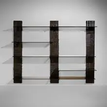 Sculpted Bronze wall unit, model PE 119 by Paul Evans, 1970, bronzed resin over wood, smoked glass, sold Sep 2022