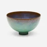 Bowl with base by Gertrud and Otto Natzler, 1964, earthenware with Green Crystalline glaze, sold Sep 2022