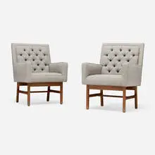 Armchairs, pair by Milo Baughman, c. 1955, Holly Hunt linen upholstery, walnut, sold Jun 2025
