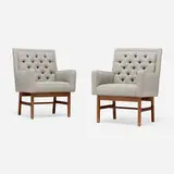 Milo Baughman, Armchairs, pair, c. 1955, Holly Hunt linen upholstery, walnut
