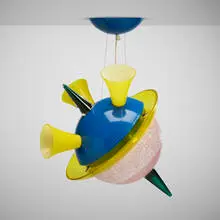 Alessandro Mendini, Agena ceiling lamp from the Galassia series, 1993, glass, lacquered aluminum, fused glass, steel wire, chrome-plated steel