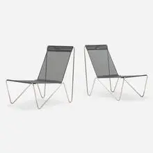 Verner Panton, Bachelor chairs model 3351, pair, 1955, woven vinyl-coated polyester mesh, chrome-plated steel