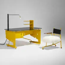 Jonathan Trayte, Oso desk and chair, 2022, powder-coated aluminum, steel, and stainless steel, glass, reinforced plastic, leather, sheepskin, upholstery, walnut, casters