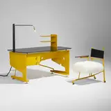 Jonathan Trayte, Oso desk and chair, 2022, powder-coated aluminum, steel, and stainless steel, glass, reinforced plastic, leather, sheepskin, upholstery, walnut, casters