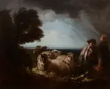 Thomas Barker, Sheep and figures in a landscape