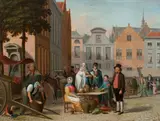 Dutch School, Figures in a market square, probably Brussels