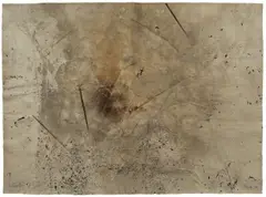 John Cage, Variations III 29, 1992, Monotypie und Brandspuren auf grauem Fabriano-Bütten