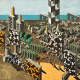 Ulrich Knispel, Landschaft mit Startrampe, 1977, Öl auf Leinwand