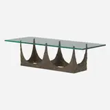 Sculpted Bronze coffee table by Paul Evans, 1969, bronzed resin over steel, glass, sold Sep 2022