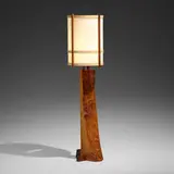 George Nakashima, Rare and Exceptional floor lamp, 1961, English walnut, rosewood, holly, fiberglass