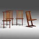 Rare Conoid chairs, set of four by George Nakashima, 1965, teak, hickory, sold Sep 2022