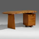 Exceptional Single Pedestal desk by George Nakashima, 1976, French olive ash burl, American ash, sold Sep 2022
