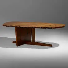 George Nakashima, Important Minguren II coffee table, 1965, English oak burl, rosewood