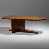 Important Minguren II coffee table by George Nakashima, 1965, English oak burl, rosewood, sold Sep 2022