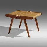 Grass-Seated stool by George Nakashima, c. 1965, walnut, sea grass cord, sold Sep 2022