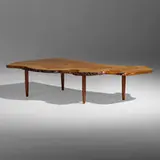 Rare Slab coffee table by George Nakashima, 1958, English oak burl, American black walnut, sold Sep 2022