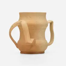 Three-handled tyg by George E. Ohr, 1898-1910, bisque earthenware, sold Sep 2022