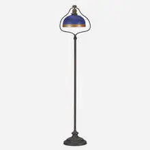 Handel and Steuben, Floor lamp with Leaf and Vine shade, c. 1920, patinated metal, hand-blown Blue Aurene glass