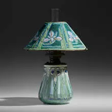 Mary Sheerer for Newcomb College Pottery, Important lamp with Louisiana Irises, 1904, glazed earthenware, patinated metal, beaded shade