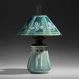 Mary Sheerer for Newcomb College Pottery, Important lamp with Louisiana Irises, 1904, glazed earthenware, patinated metal, beaded shade