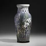 Exceptional reticulated floor vase with orchids by Jo Hahn Locher for Bing & Grøndahl, c. 1900, hand-carved and glazed porcelain, patinated metal, sold Sep 2022