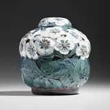 Fanny Garde for Bing & Grøndahl, Exceptional reticulated covered vessel with roses, c. 1900, hand-carved and glazed porcelain