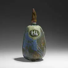 Taxile Doat, Important La Musique et La Danse gourd bottle with stopper, 1903, hand-carved and glazed porcelain with pâte-sur-pâte decoration