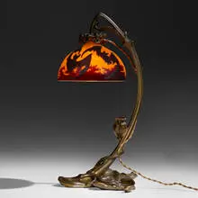 Émile Gallé, Rare Chauve Souris lamp, c. 1900, wheel-carved and acid-etched glass, bronze