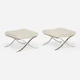 Barcelona ottomans, pair by Ludwig Mies van der Rohe, 1929 / 2003, leather upholstery, chrome-plated stainless steel, sold Jun 2025