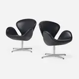 Arne Jacobsen, Swan chairs model 3320, pair, 1957 / 2006, leather upholstery, aluminum, chrome-plated steel, plastic