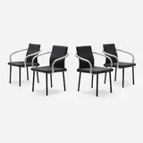 Ettore Sottsass, Mandarin armchairs, set of four, 1986, enameled and powder-coated steel, stretch jersey fabric