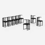 Josef Hoffmann, Fledermaus chairs model 728S, set of eight, lacquered beech, upholstery