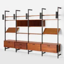 George Nelson & Associates, CSS (Comprehensive Shelving System), 1959, walnut, enameled aluminum, enameled steel