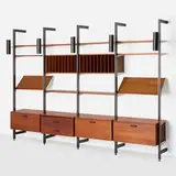 CSS (Comprehensive Shelving System) by George Nelson & Associates, 1959, walnut, enameled aluminum, enameled steel, sold Jun 2025