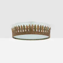 Modern, Ceiling lamp, patinated and gilt steel, textured glass