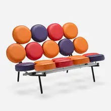 Marshmallow sofa by George Nelson & Associates, 1956 / 1960, Girard naugahyde, enameled steel, brushed chrome-plated steel, sold Jun 2025
