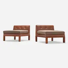 Slipper chairs, pair by Edward Wormley, c. 1967, leather upholstery, wool felt upholstery, mahogany, sold Jun 2025